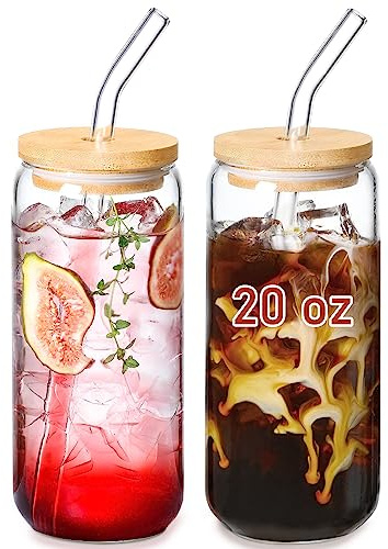 VITEVER 20 OZ Glass Cups with Bamboo Lids and Glass Straw - Beer Shaped Drinking Glasses Set, Iced Coffee Glasses, Cute Tumbler Cup, Aesthetic Coffee Bar Accessories, Gift - 2 Pack