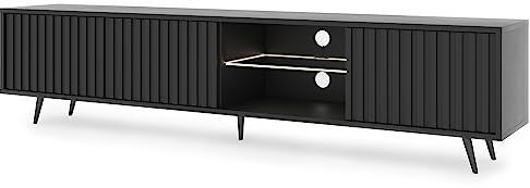 Selsey TV Schrank Board Sideboard Fernsehtisch Fernsehschrank Mit Lamellen Und LED Beleuchtung 175 cm Schwarze Beine Schwarz Bello