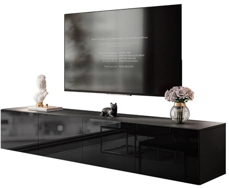 lukmebel Colgante TV-Ständer Doppelschrank mit Push-to-Open-Mechanismus Wandmontage Glatte Minimalistische Front aus Laminierter Platte 40x200x36 cm Schwarz/Schwarz Glänzend