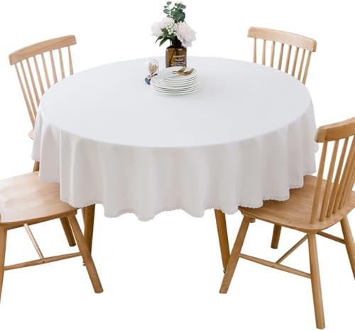 BHOMTY Runde Tischdecke aus Baumwollleinen, geeignet für Esstische, Kaffeetische, maschinenwaschbar, weiß, Durchmesser 140 cm
