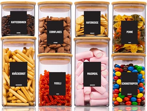 Deco haus Barattoli Vetro con Coperchio Legno Set di 8 [+ETICHETTE] - Contenitori Pasta Vetro - Contenitori Cucina - Porta pasta contenitore per Biscotti, Farina, Cereali, Spaghetti