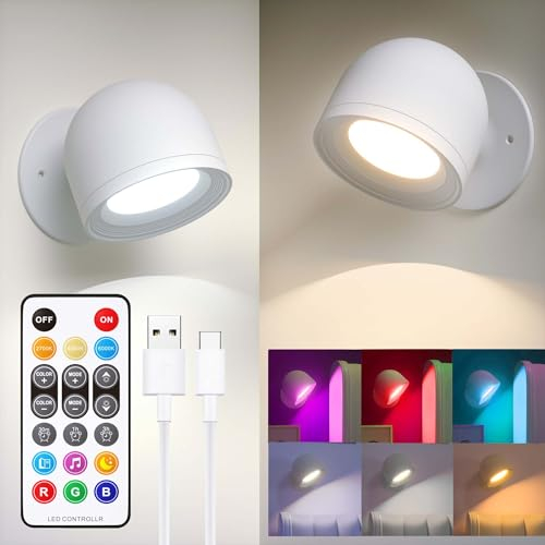 Rinfency 2 Stück LED Wandleuchte Innen, RGBCW Aufladbare Akku Wandlampe Ohne Stromanschluss und Bohren, Kabellose Fernbedienung und Touch Lampe für Schlafzimmer, Wohnzimmer, Kinderzimmer, Flur
