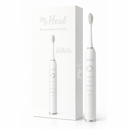 * MY HEAL * | Brosse à dent électrique Sonique | 3 Mois d'Autonomie | 5 Modes de Brossage avec Minuteur de 2 Min intégré | Rechargeable USB | Pack 1 BROSSE A DENT et 2 TETES DE BROSSETTES (Blanche)