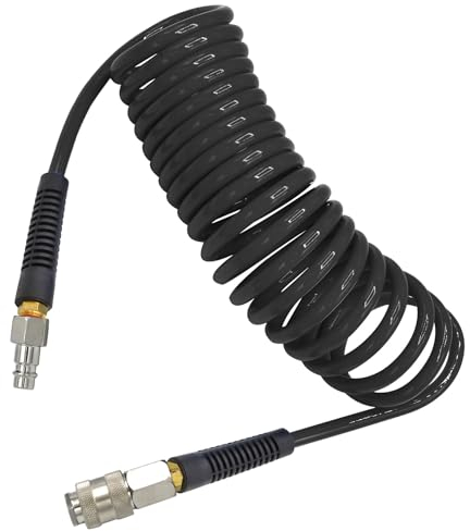 YOTOO Air Compressor Hose Polyurethane Recoil 5m Long 6mm ID x 9.5mm OD air Hose with Bend Restrictor, 1/4 Europe Quick Coupler and Plug, Gray