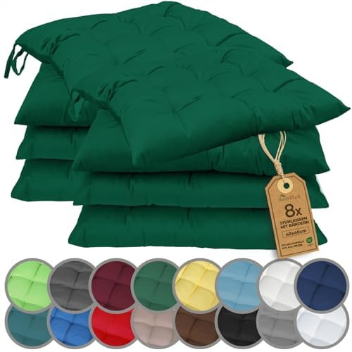 NatureMark 8er Set Stuhlkissen mit Bändern 40x40 cm – Gefüllte Sitzkissen, Outdoor & Indoor – Dunkel grün