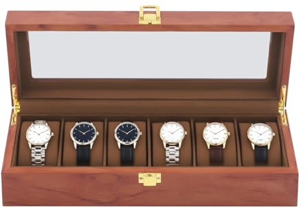 HUSPOO Uhrenbox mit 6 Fächern, Holz Herrenuhrenkasten Uhrenboxe Organizer mit Glasdeckel, Geschenke für Vater und Freund (6 Fächern)