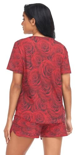 HMZXZ Damen Schlafanzug-Set Red Blume Rose Sommer Pyjama Woman Set,Valentinstag Loungewear und Shorts Lounge Set Sleepwear Nachtwäsche
