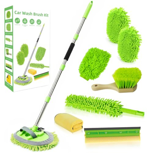 62 Car Wash Brush with Long Handle Chenille Microfiber Car Wash Mop Mitt, Wheel Brush, Windshield Window Squeegee, Car Duster Microfiber Towel, Gloves, for Cleaning Cars, RV, Truck, Boat