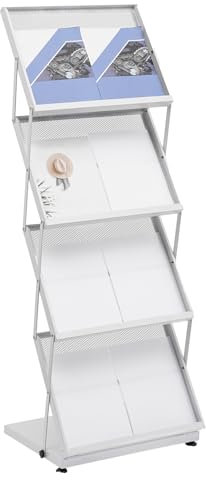 SABUIDDS 4 Stufiges Zeitschriftenhalter Metall Prospekthalter A3 Zeitschriften Halter, HxBxT: 46 x 37 x 132 cm, Weiß