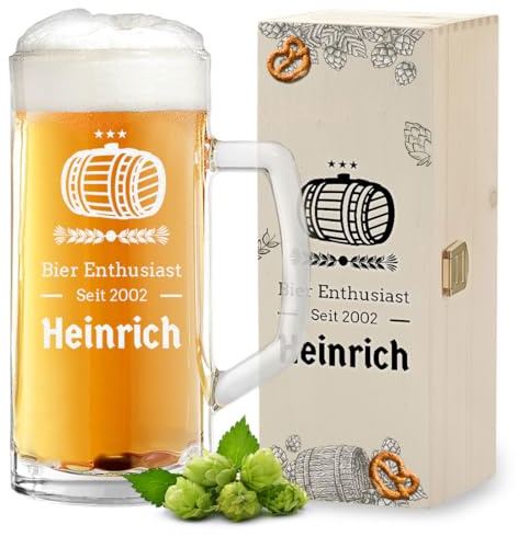 polar-effekt Bierkrug 0,5 Liter und Holzbox als personalisiertes Geschenk - Geschenke für Männer - zum Geburtstag und Jubiläum - Glas für Bier, Pils, Lager und Export