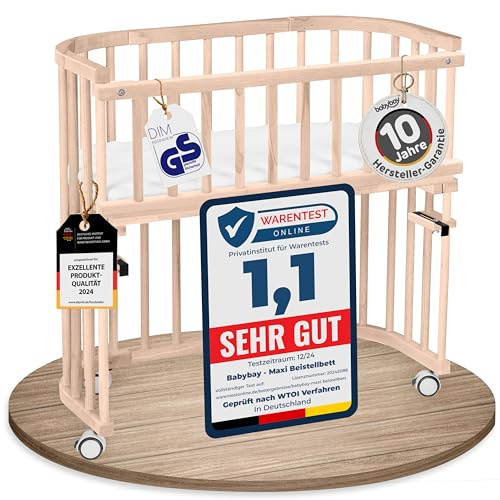 babybay Maxi extra großes Beistellbett aus massivem Buchenholz/Kinderbett Höhe stufenlos verstellbar & umweltfreundlich/mit Matratze, Gitter, Rollen (Natur unbehandelt)