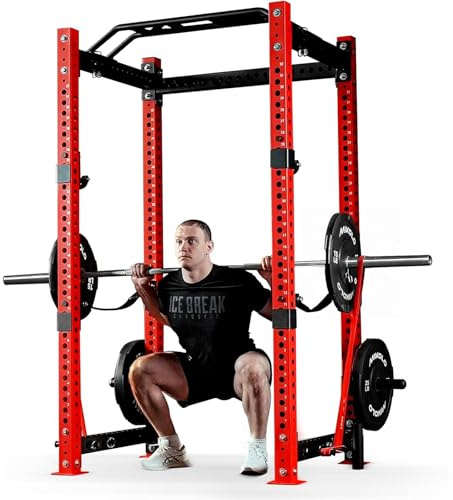 Mikolo 3x3 Power Cage, Multi-Function Power Rack with LAT Pull Down Pulley System, Commercial Squat Rack for Home Gym with 3x3 Attachment, 1500 lbs Weight Capacity-Red