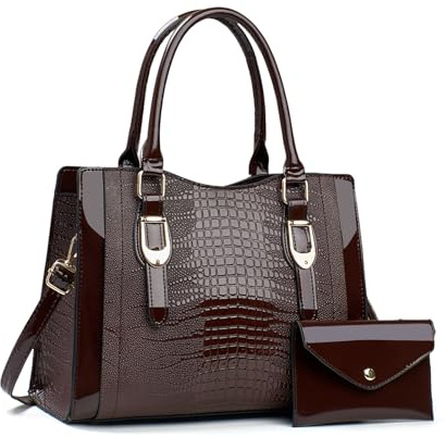 NICOLE & DORIS Sac à Main Femme Sac Fourre Tout Moyen Sac Bandoulière Cuir Verni Sac D'épaule Sac Ensemble avec Portefeuille pour Travail Shopping Voyage Café