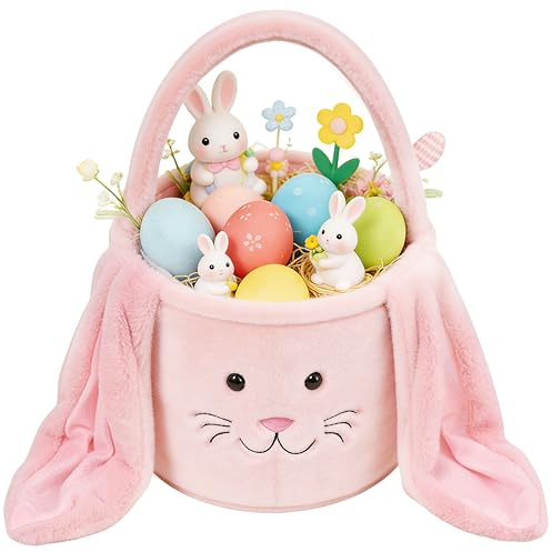 KEGOZ Plush Easter Basket, Bunny Easter Buckets, Easter Gift Bags & Tote Bags for Presents Easter Egg Decorations Candy (Pink)