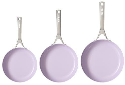 Tjean Nonstick Ceramic Frying Pan Set (No PFTE,PFOA,PFAS) Non Toxic Cookware Set with Stainless Steel Handle Compatible for Induction Gas Electric Ceramic Hob Oven, Safe to 280°C (Lilac, 20+24+28cm)
