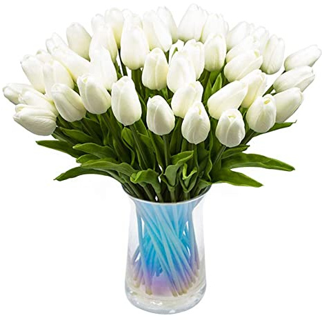 Jrifedptry Tulipani artificiali, 30 tulipani artificiali, realistici al tatto, in poliuretano, bouquet di tulipani in lattice bianco (bianco)