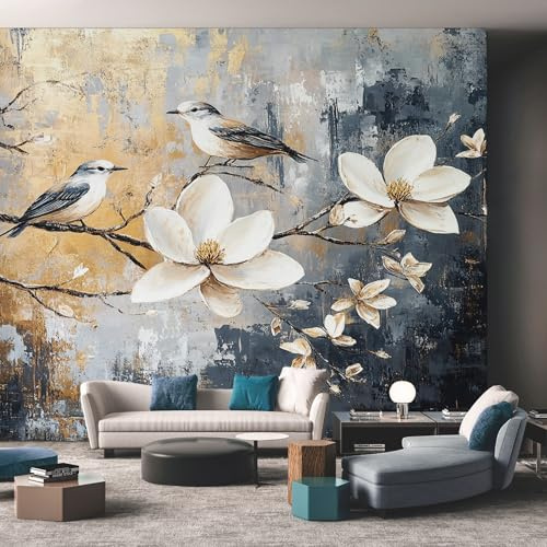 Générique Papier Peint Panoramique Fleurs D'oiseaux, Papier Peint Intissé Résumé Rétro, Photo Trompe l'oeil Grand Mural pour Salon Chambre Décoration Murale 300x210 cm