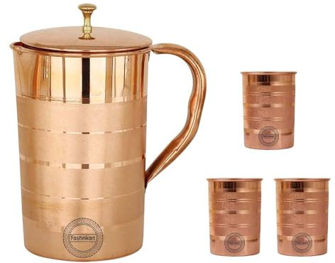 Brocca per acqua potabile in rame puro con 3 bicchieri per i benefici per la salute dell'Ayurveda Brocca tradizionale in rame per bere 1,5 litri 50,7 once (Silver Touch)