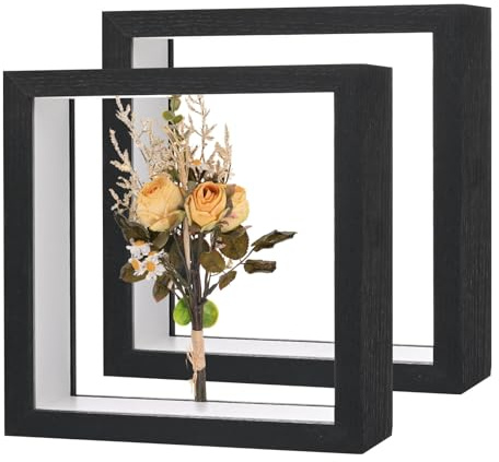 M METERXITY 2-Pack Dried Flower Frame Floatinchg 6 x 6 Inch, Black | Double Acrylic, Wooden Dried Flower Photo Floatinchg Frame for Tabletop, DIY, Handicrafts