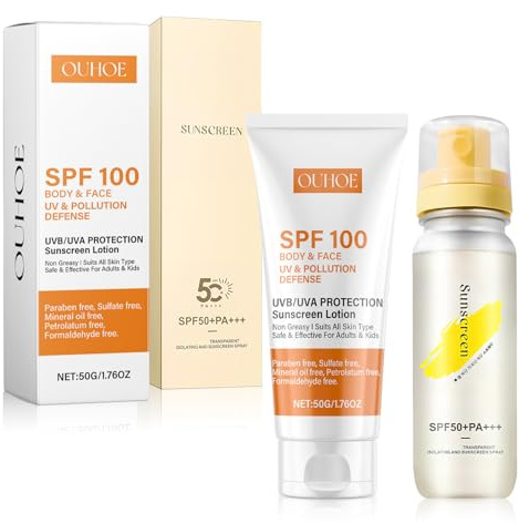 2 Piezas Protector Solar 100 SPF + Spray Solar SPF 50, Crema Solar 100 SPF, Crema Solar Facial, Impermeable, No Grasa, Protección Alta UVB, UVA, para Todo Tipo de Pieles
