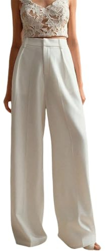 DAIHAN Pantaloni da Donna a Vita Alta Casual Eleganti Pantaloni da Ufficio con Tasche Gamba Larga Lunghi Palazzo per Ufficio e Occasioni Business,Bianco,S