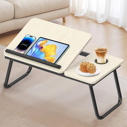 Huracan Table d'ordinateur Portable pour Lits, Plateau de lit pour canapé avec Bandes antidérapantes, Table de Lits Pliable, 5 Niveaux d'inclinaison, Support d'ordinateur pour canapé-lit, Blanc Chaud