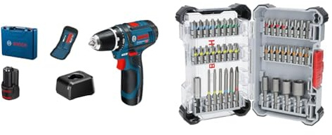 Bosch Professional 12V System Akku Bohrschrauber GSR 12V-15 (inkl. 2x 2.0Ah Akku, Ladegerät GAL 12V-20, 10-tlg.-Zubehör-Set, Handwerkoffer) + 43x Extra Hard Schrauberbit-Set (197 x 110,5 mm, Zubehör)
