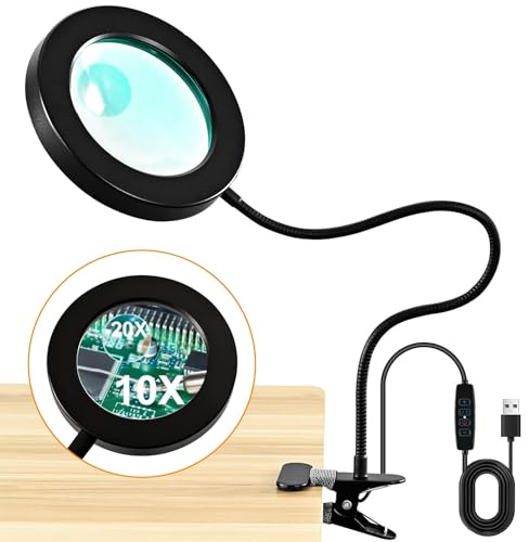 20X/10X Dual-lens Magnifying Glass with Light and Timer, Combination Lens Magnifier with Light, 3 Color Modes, 2 in 1 Magnifying Desk Lamp for Craft Hobby Painting Sewing Close Work(No Adapter)