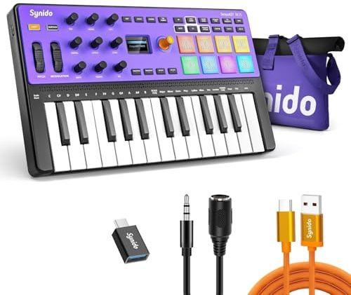 Synido Kabelloses 25-Tasten USB MIDI Keyboard Controller Wiederaufladbar mit 8 Drum Pads, OLED-Bildschirm, MIDI In/Out/Thru, Professionelle BT Beat Maker Maschine für Musikproduktion, TempoKEY W25 | Wiederaufladbar, 8 Drum Pads, 9 zuweisbare Endless Knobs, OLED Bildschirm, MIDI In/Out/Thru, BT für Reisen und Heimstudios