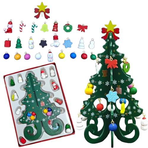 Mini Weihnachtsbaum aus Holz, DIY Set Weihnachtenbaum, Adventskalender 2025, 3D Holz Tannenbaum mit 24 Mini Weihnachtsschmuck und 1 Stern Baumkrone, für Weihnachten Tischdeko Dekoration