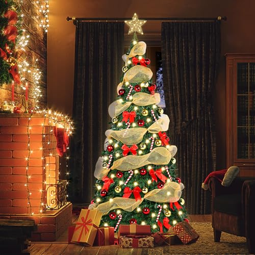6Ft Prelit Pop Up Christmas Tree Decoration, Collapsible Artificial Xmas Tree with Ornaments, Pre Decorated with 150 Warm Lights, Gold Ribbons & Bows, Indoor/Outdoor Holiday Decor with Storage Bag