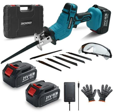 Cordless Reciprocating Saw, 2 x 4.0Ah Batteries, Reciprocating Saw Cordless, Variable Speed, Blades Kit for Metal/Wood/PVC Cutting, Blue-C