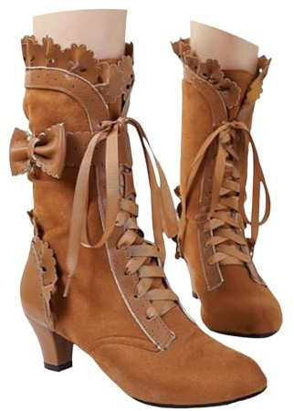 Xbemkste ankelstövlar dam med klack vintage viktorianska stövlar medeltida skor traditionella stövlar bröllopsklänning stövlar eleganta halvstövlar, kaki, 41 EU