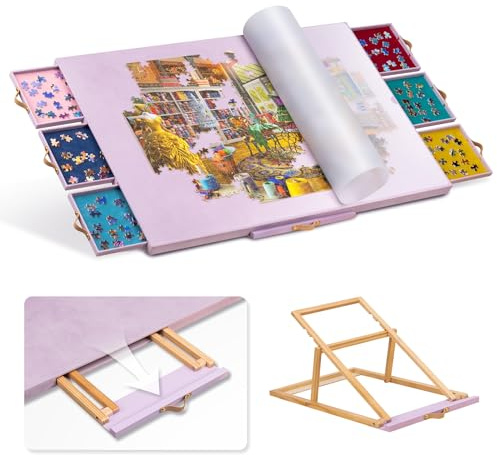 Jigpal Puzzletisch mit verstellbarem Ständer/Halterung und Abdeckplatte, tragbares Puzzlebrett, DREI Neigungswinkel und sechs Sortierboxen, rutschfeste Flanellmatte, fasst bis zu 1500 Teile