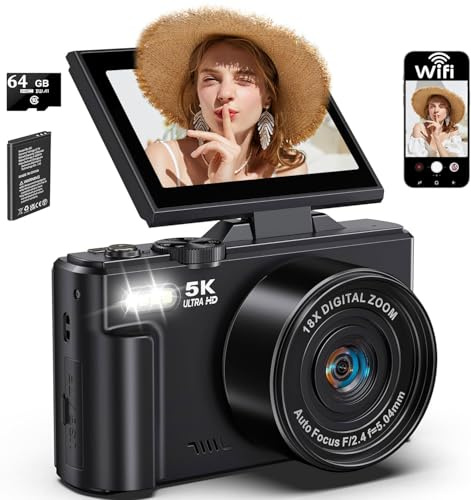 Digitalkamera 5K 75MP Kamera Fotokamera und Vlogging mit WiFi, 64GB Karte, 18X Digital Zoom, 3,0 LCD 180° Kompaktkamera Fotoapparat für Reisen, YouTube, Anfänger und Erwachsene (Black)