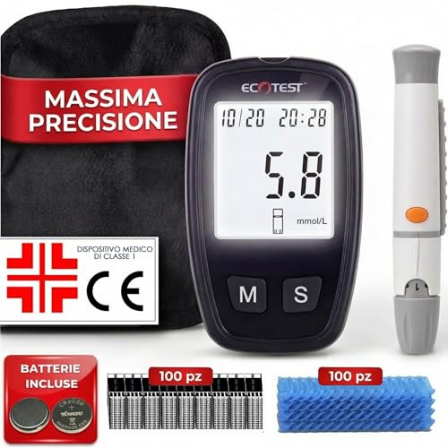 Medicinadellavoro.com Misuratore Glicemia Glucometro, 100 Strisce Reattive e 100 Lancette, per Diabete Tipo 1&2 e Gestazionale, con Astuccio in Omaggio (Glucometro + 100 Strisce + 100 Lancette)