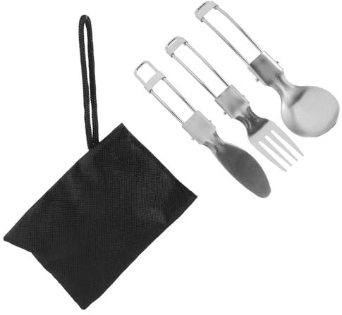 ULTECHNOVO Ensemble de Couverts Pliables en Acier Inoxydable 430, 3 Pièces avec Pochette de Rangement, Vaisselle Portable pour Camping, Randonnée et Usage Extérieur
