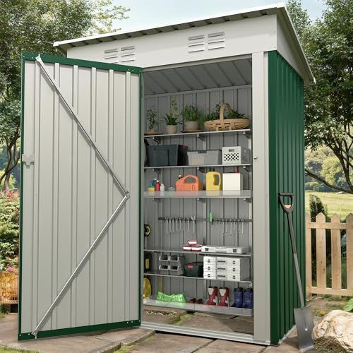 GarveeHome Geräteschuppen Metall, 152x90x183 cm (5 x 3 Fuß), Robustes Metall-Anlehnschuppen mit abschließbarer Tür und Schrägdach, wetterfester Aufbewahrungsschrank für Terrasse Garten, Grün