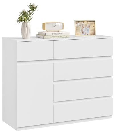 WOLTU Cassettiera Camera da Letto, Mobiletto Salvaspazio con 5 Cassetti e 1 Armadietto, Ripiano Regolabile, per Soggiorno, Ingresso, 100x40x80 cm, Bianco