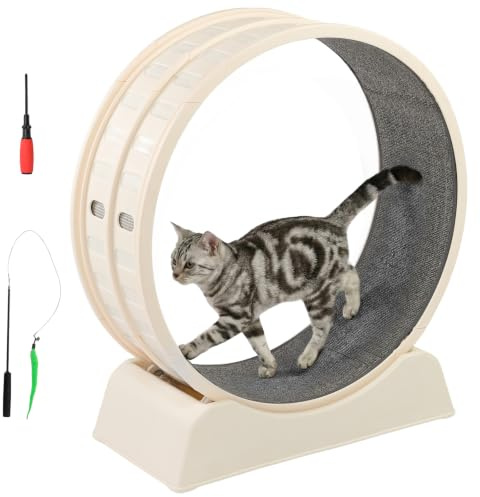 VINGLI 30 Cat Exercise Wheel For Indoor Cats, Beige, 80x34x86cm | Safety Lock, Treadmill with Detachable Carpet, For Running Training, Bonus Interactive Cat Teaser Wand