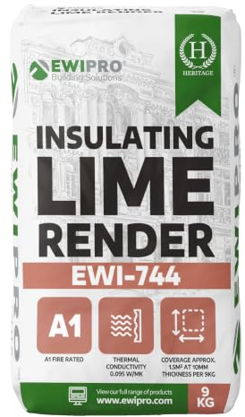 Insulating Natural Hydraulic Lime Render EWI-744 9kg, Natural Hydraulic Lime and Recycled Glass Aggregates, 1.5m² Coverage at 10mm, up to 50mm Thickness, for Internal and External Use, 9kg
