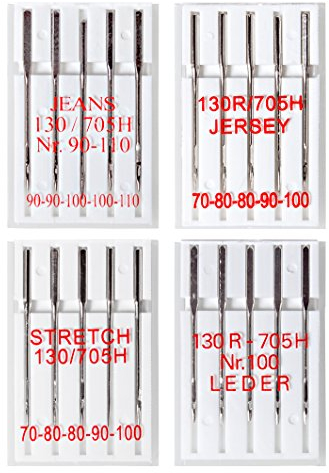 20 Nähmaschinennadeln: Jeans, Jersey, Stretch und Leder; je 5 Stück/Sorte in Verschiedenen Größen; System: Flachkolben (130R/705H)