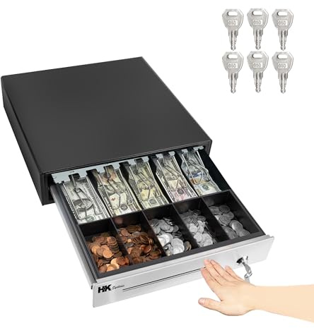 HK SYSTEMS 16inch Heavy Duty Manual Push-Open Cash Drawer with 5Bill/5Coin, Removable Till, Stainless Steel Front with Single Large Media Slot, Black