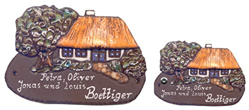 Keramikschild-Bauernhaus mit Baum-Haus-Türschild-Klingelschild-Namensschild-170 x 110 mm-Schild-Relief von Hand gefertigt-Incl. Beschriftung-Mit, oder ohne Klingel (6919 mit Text + mit Klingel)