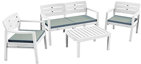 Outdoor-Lounge mit 2 Sesseln 1 Sofa 1 Couchtisch mit Kissen, Made in Italy, weiße Farbe