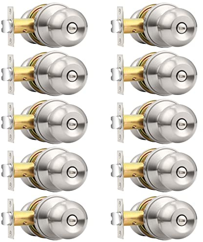 Probrico Bedroom Bathroom Door Knobs Brushed Nickel Door Handles, Interior Door Knobs Locks Privacy Door Knobs Stainless Steel, 10 Pack