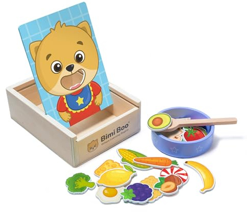 Bimi Boo Wooden Feeding Toy - Montessori Pretend Play Food Set for Toddlers 1-4+ - Fine Motor Skills Scooping Toy for Kids (27 Various Foods, a Spoon, Bowl)