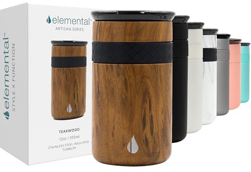 Elemental Artisan Triple Wall Insulated Tumbler – Stainless Steel Coffee Cup with Ceramic Lid – Thermal Travel Mug for Hot(6 Hrs) & Cold(18 Hrs) Drinks – Reusable Coffee Cups (Teak Wood, 355 ml)