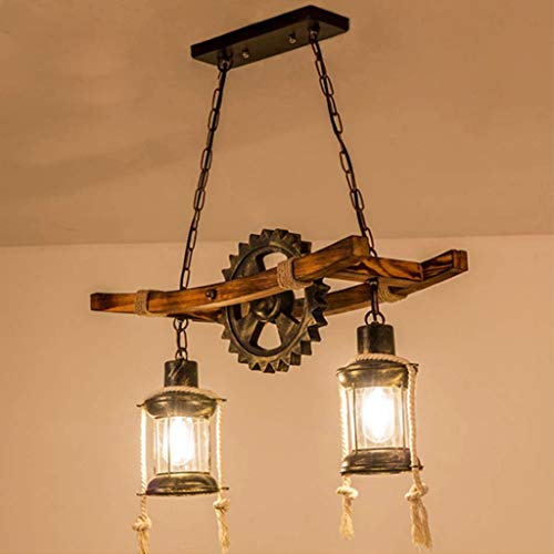 AHQX Vintage Pendelleuchte E27*2 Höhenverstellbare Massivholz Hängeleuchte Retro Pendellampe Beleuchtung Restaurant Café Bar Treppenhaus Schmiedeeisen Gear Hängelampe Lampenschirm Kronleuchter