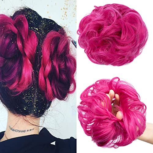 Cybelleza Scrunchie hårdel, hårsnodd, hårförlängning, hästsvans, kutt, bull, hög stickning, hårband, vågig, lockig hårknut, messy Bun (rosa)